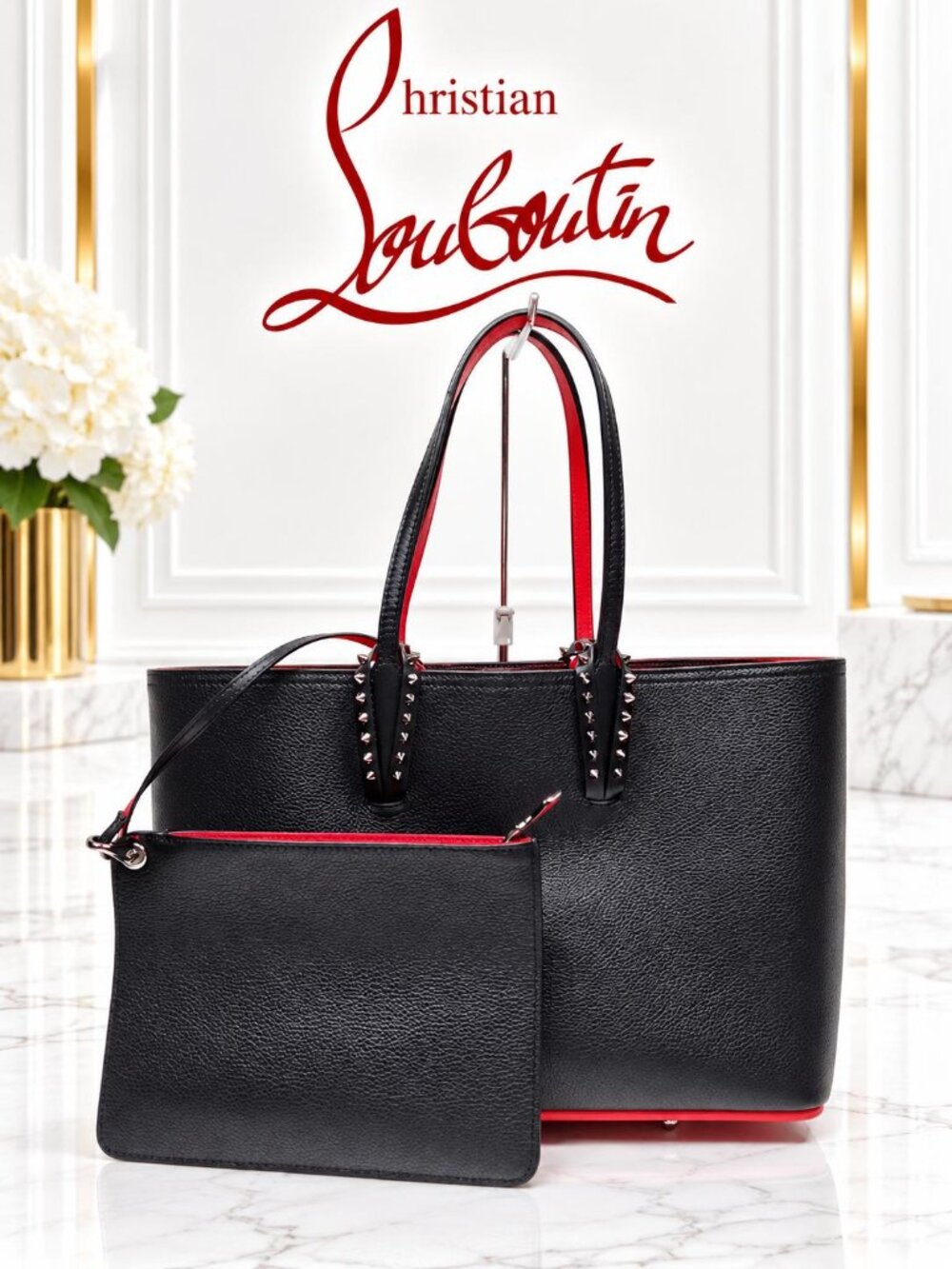 Authentic Christian Louboutin Cabata Leather Sole Studded Shopper Tote Bag